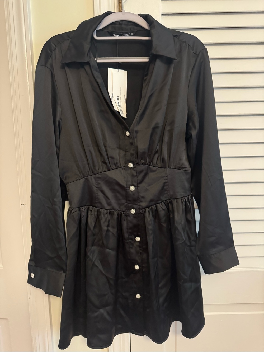Zara Black Satin Long-Sleeve Button Dress